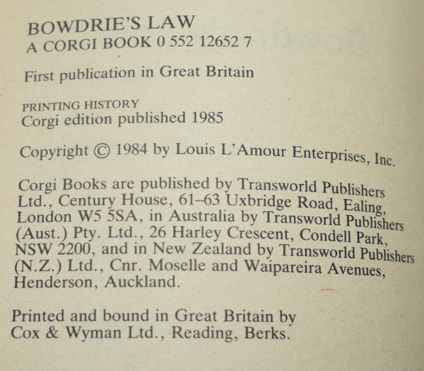 Louis Lamour Western Bowdrie’s Law 1985 PB Corgi 1st UK British Edition