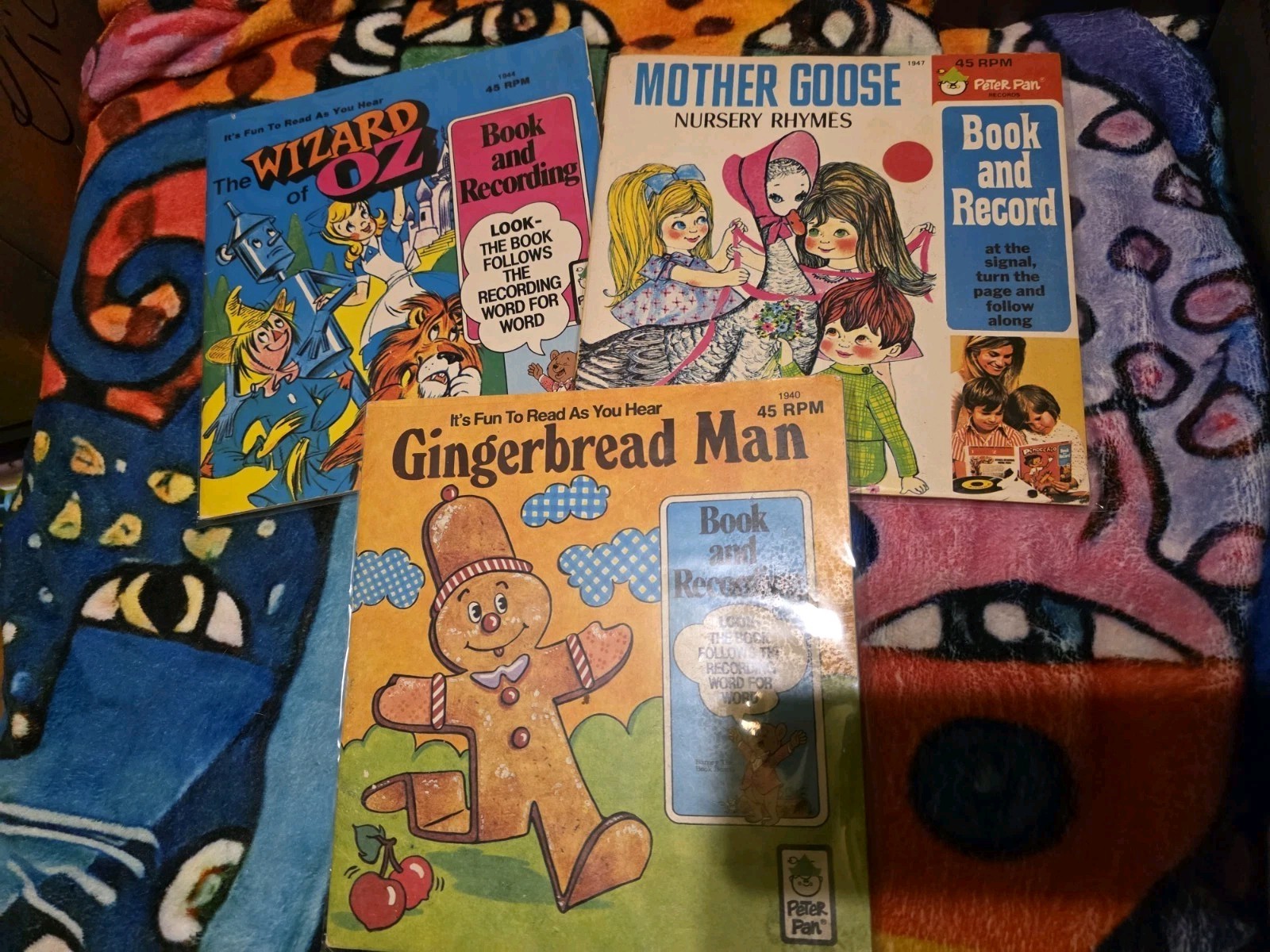 Lot Of 3 Peter Pan Book + 45 Records Wizard Of OZ, Mother Goose, Gingerbread Man