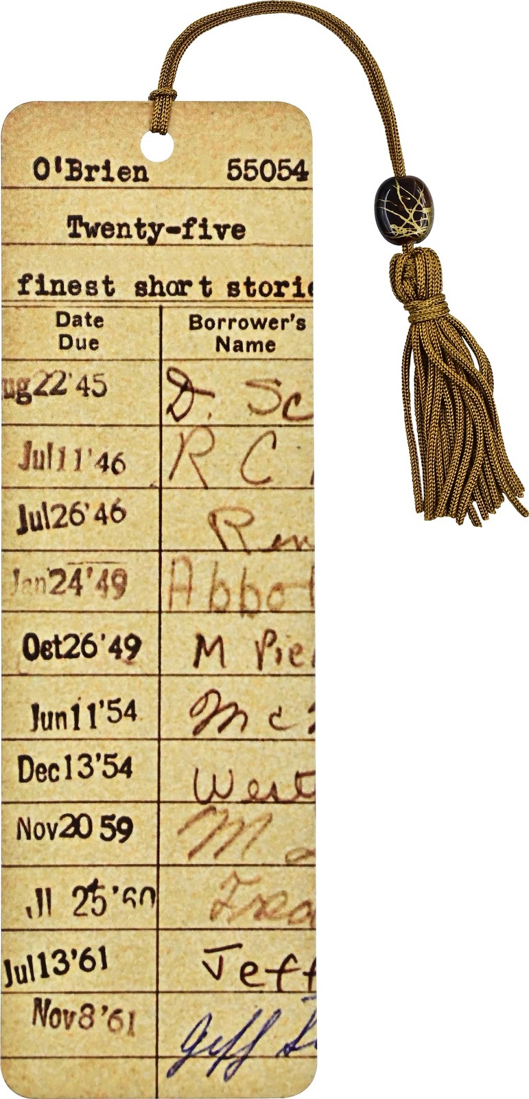 Vintage Library Card Beaded Bookmark 2.5 inches x 7.125