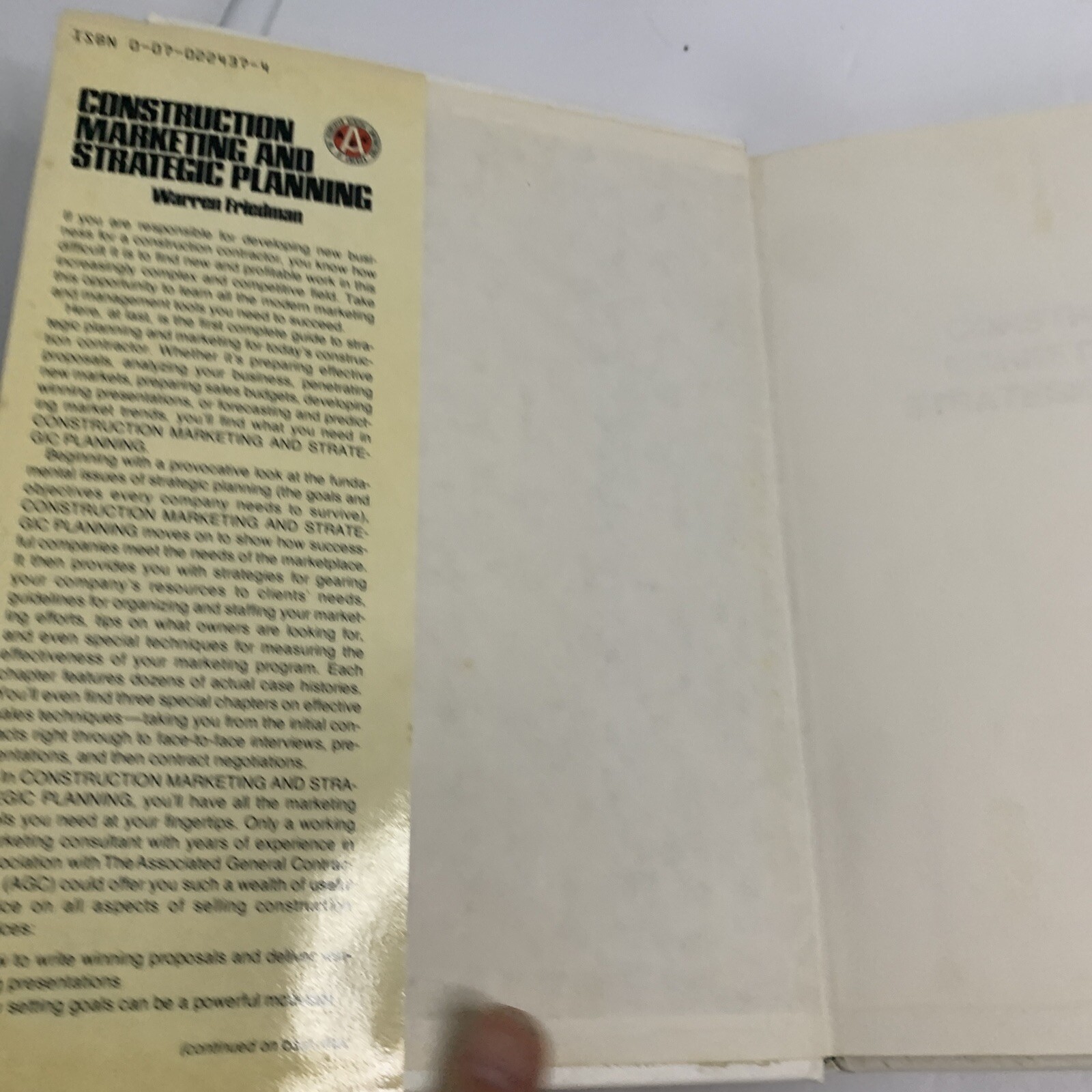 Construction Marketing and Strategic Planning By Wareen Friedman Hardcover 1984