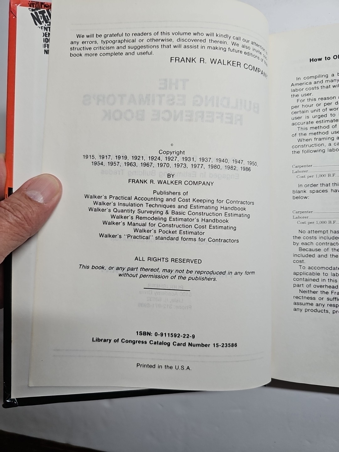 Walker’s Building Estimator’s Reference Book by FrankR Walker Company, 22nd Ed