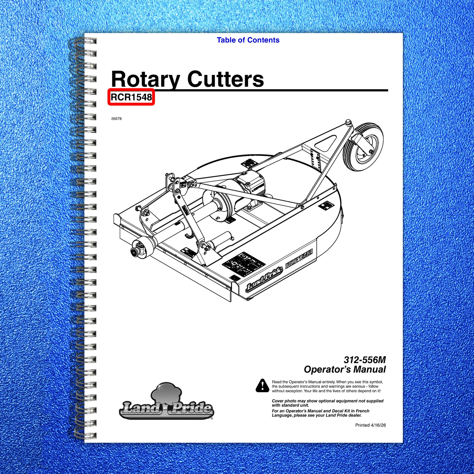 LAND PRIDE RCR1548 Rotary Cutter Operators Manual 2026 – WIRE BOUND – COVERS