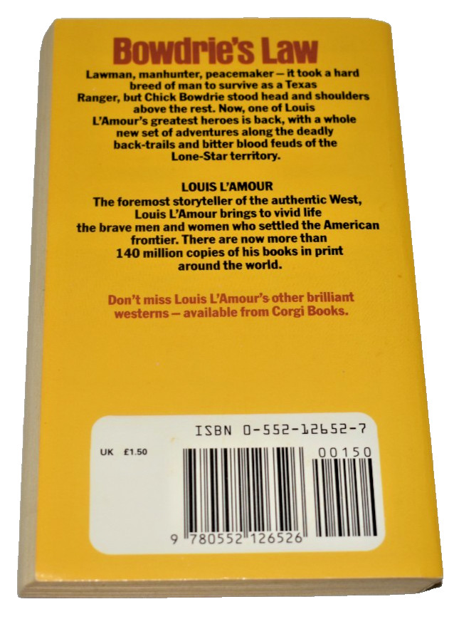 Louis Lamour Western Bowdrie’s Law 1985 PB Corgi 1st UK British Edition