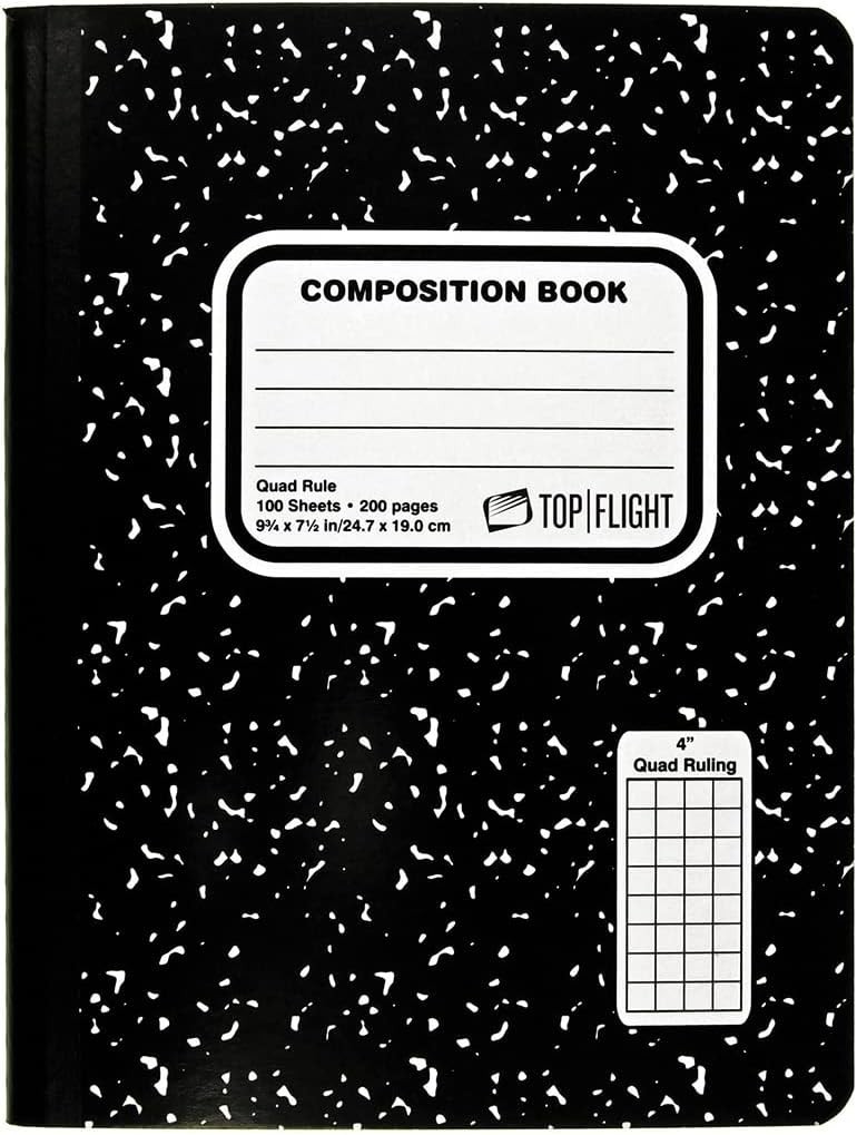 Composition Book Black/White Marble Hardcover Sewn Quad Ruled Notebook 9.75×7.5