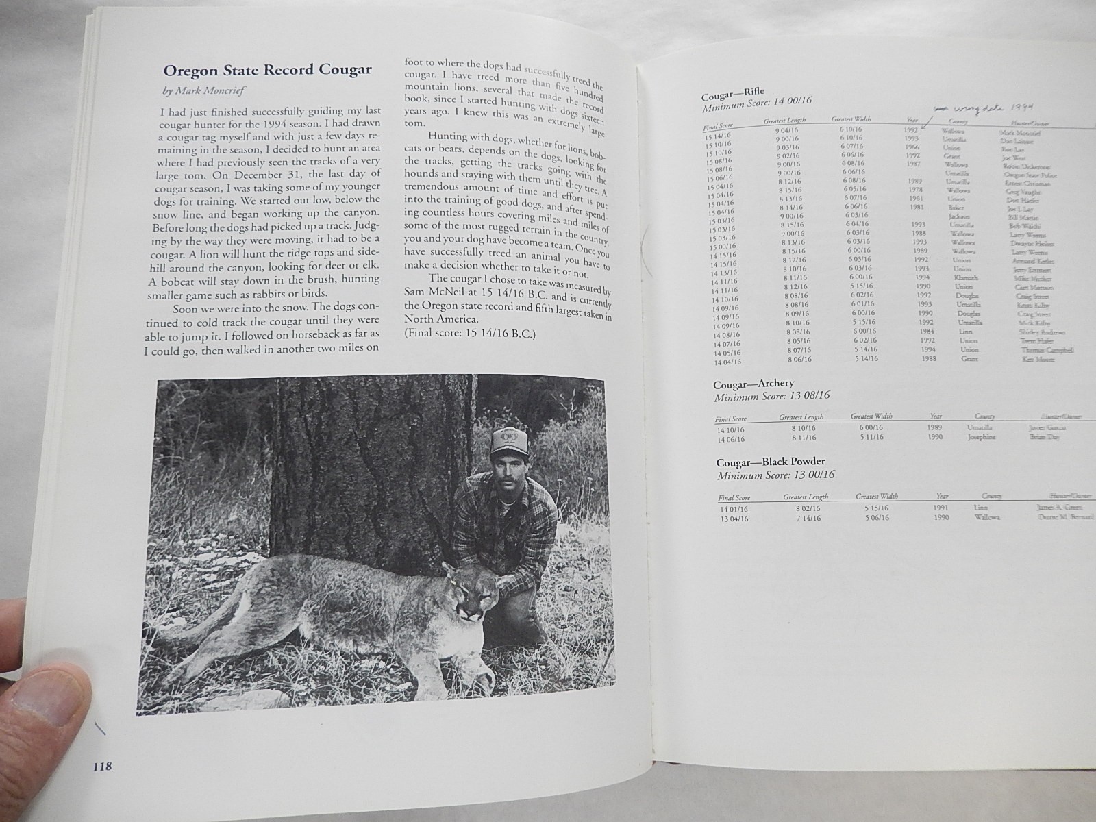 Record Book for Oregon’s Big Game Animals, First Edition, 1996, Nice, no DJ