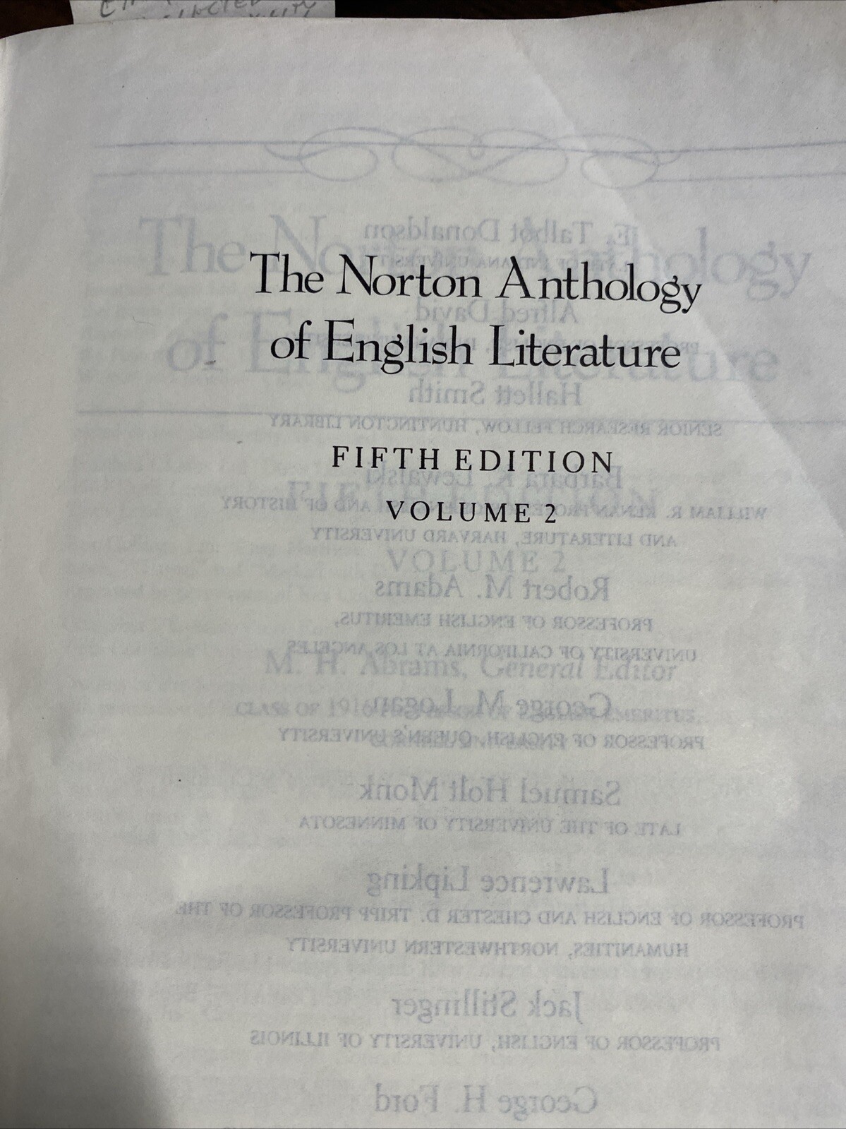 THE NORTON ANTHOLOGY OF ENGLISH LITERATURE, VOL. 2 5th Edition By M. H. Abrams