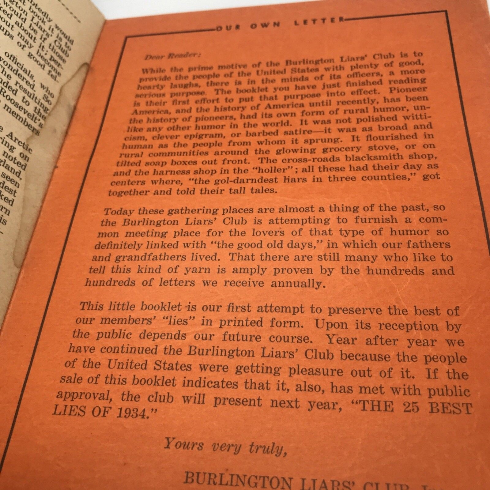 Burlington Liars’ Club The 25 Best Lies Of 1933 National Liars Contest Free Ship