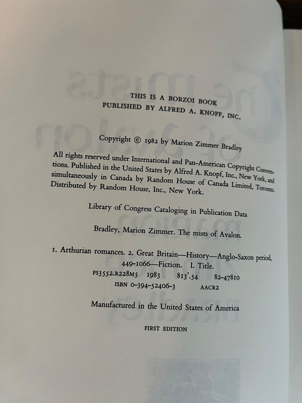 The Mists of Avalon by Marion Zimmer Bradley – 1982 1st Edition Hardcover DJ