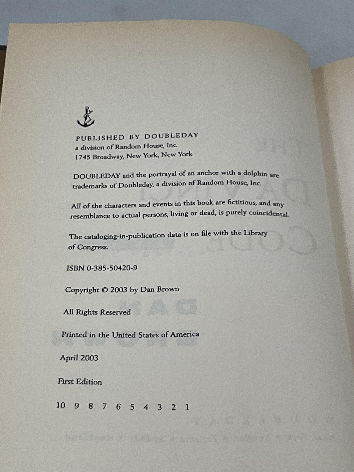 THE DA VINCI CODE Dan Brown 2003 Hardcover Doubleday First Edition Dust Jacket