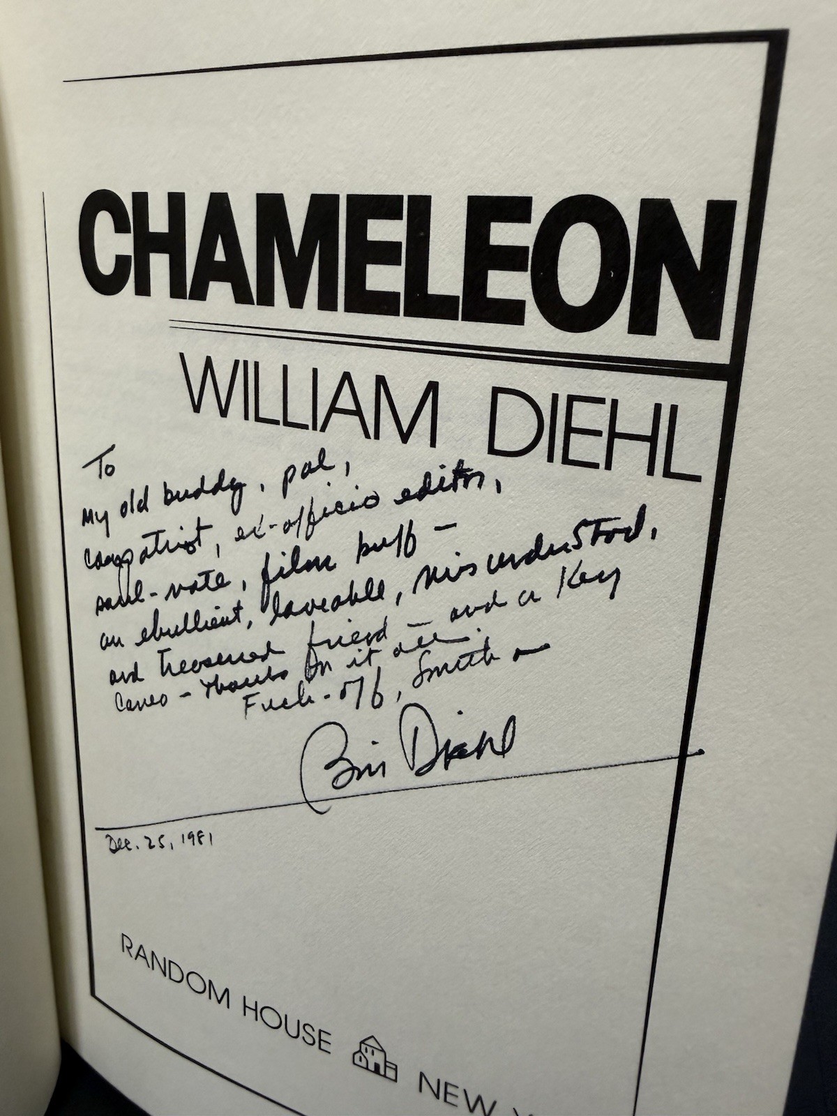 Chameleon William Diehl Signed 1st Edition 1981 HC/DJ First Printing