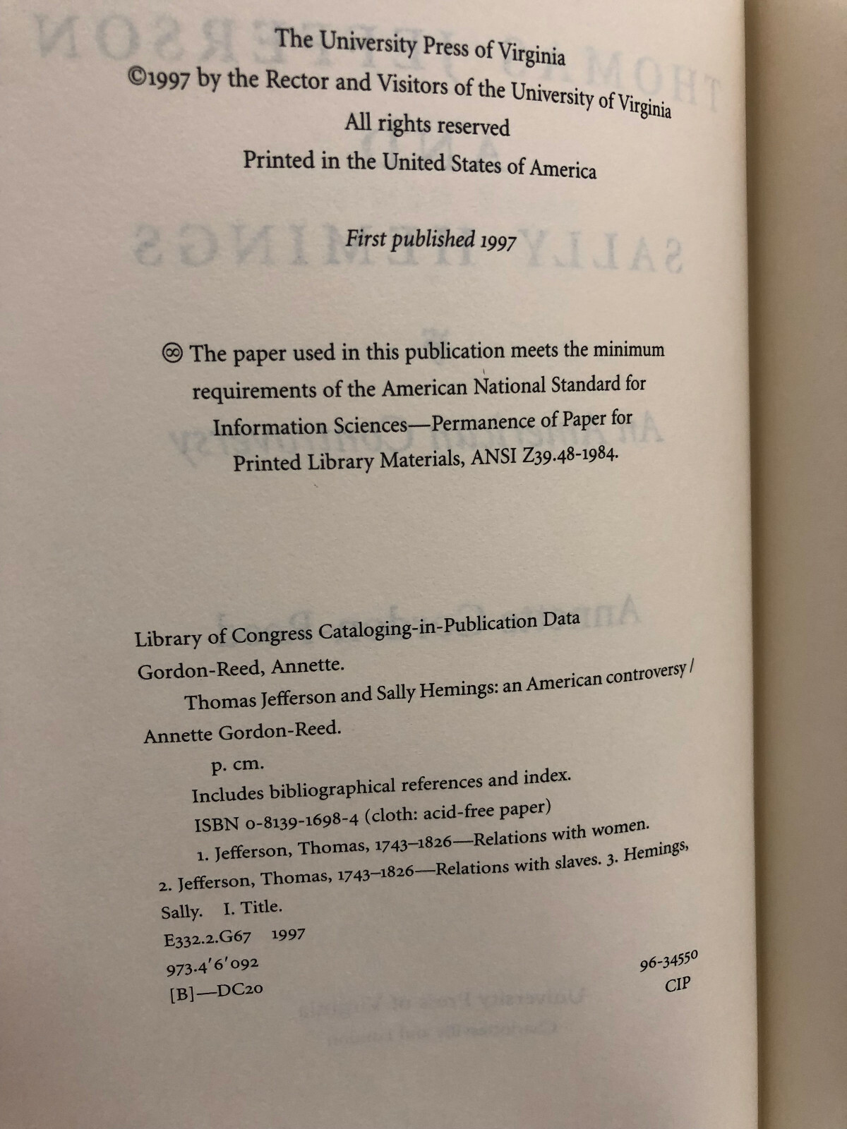 Thomas Jefferson and Sally Hemings by Annette Gordon-Reed (1997 Hardcover)