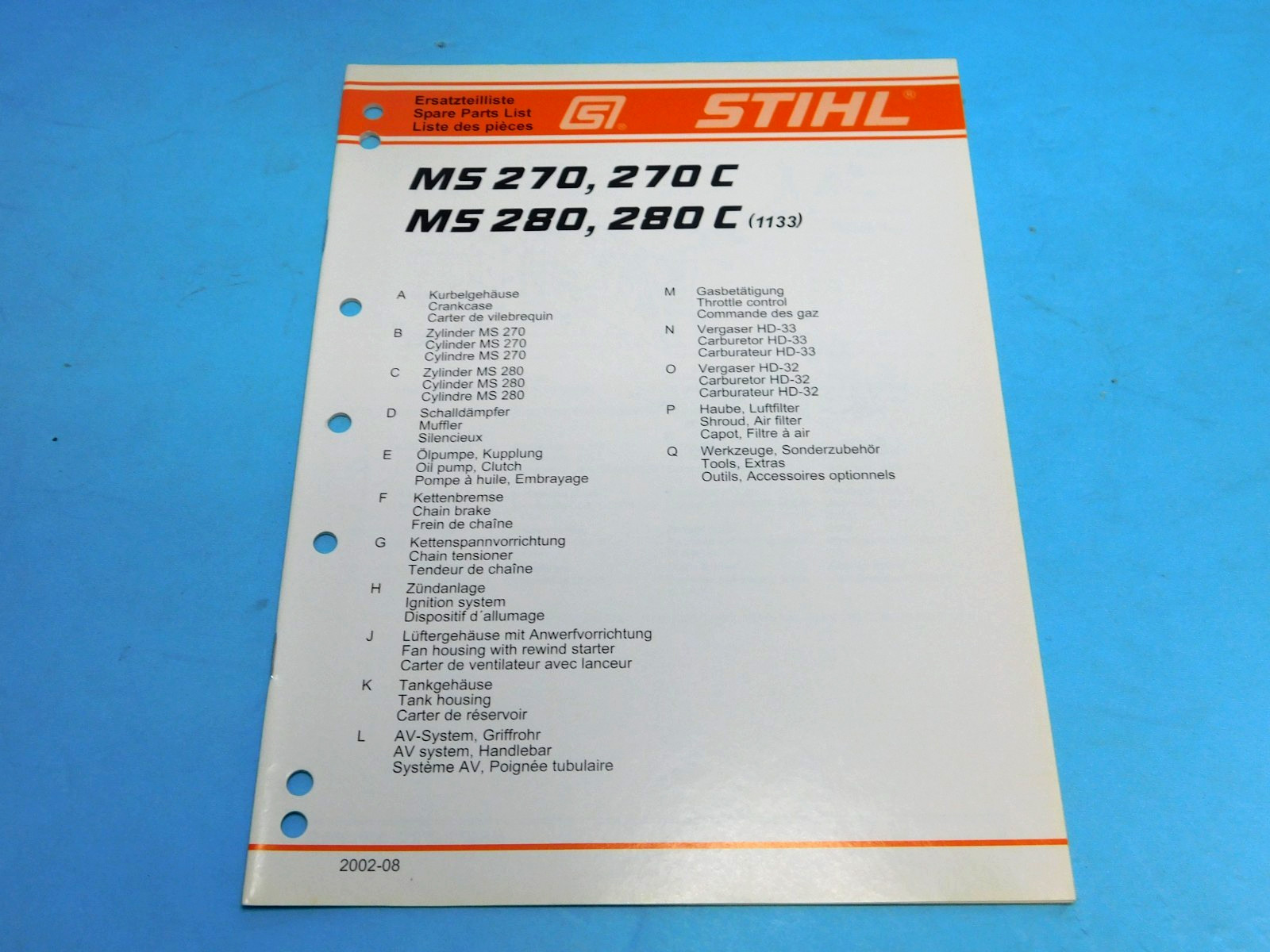 SPARE PARTS LIST MANUAL FOR STIHL MS 270 MS 270C MS 280 MS 280C