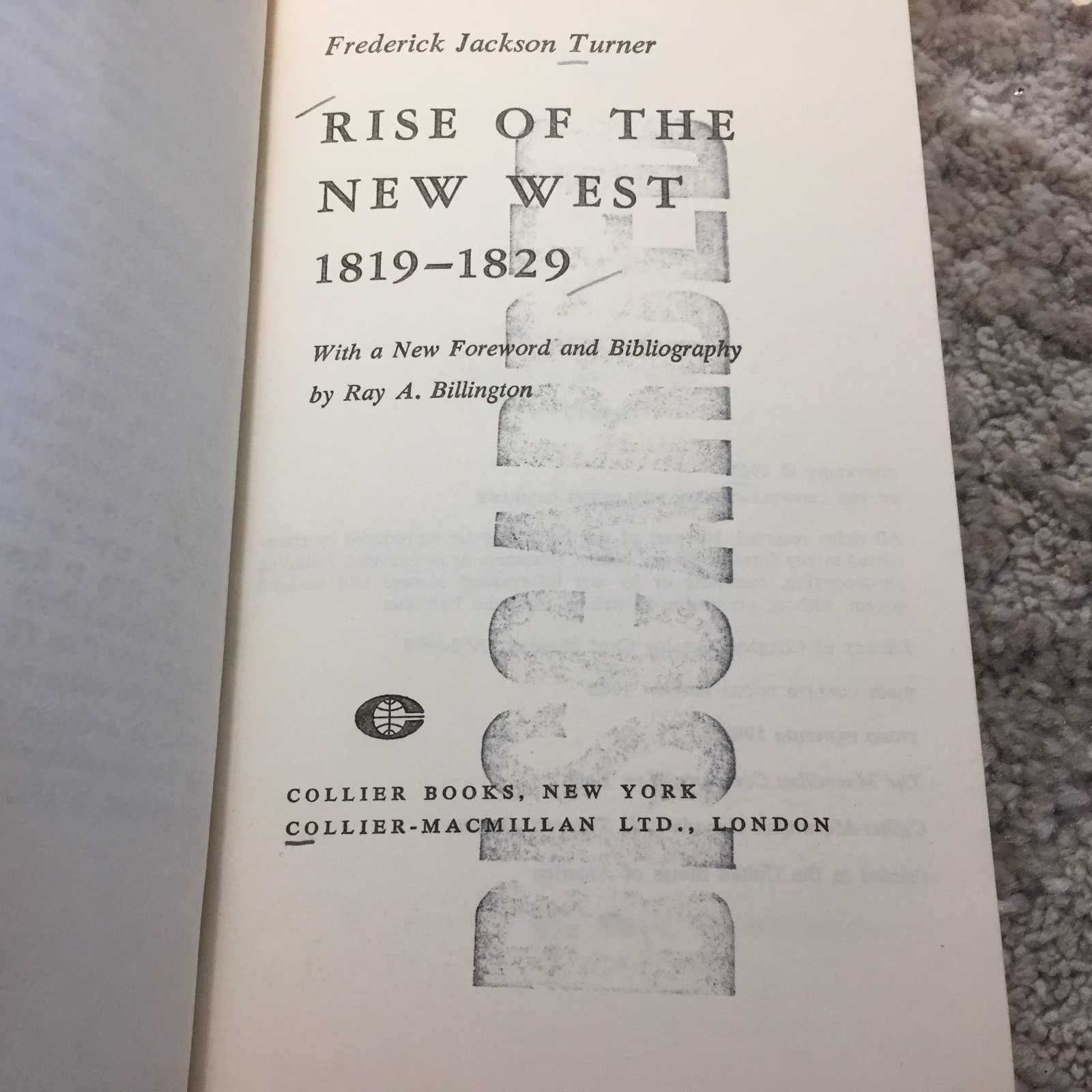 Rise Of The New West 1819–1829 Frederick Jackson Turner 1968 Collier Books