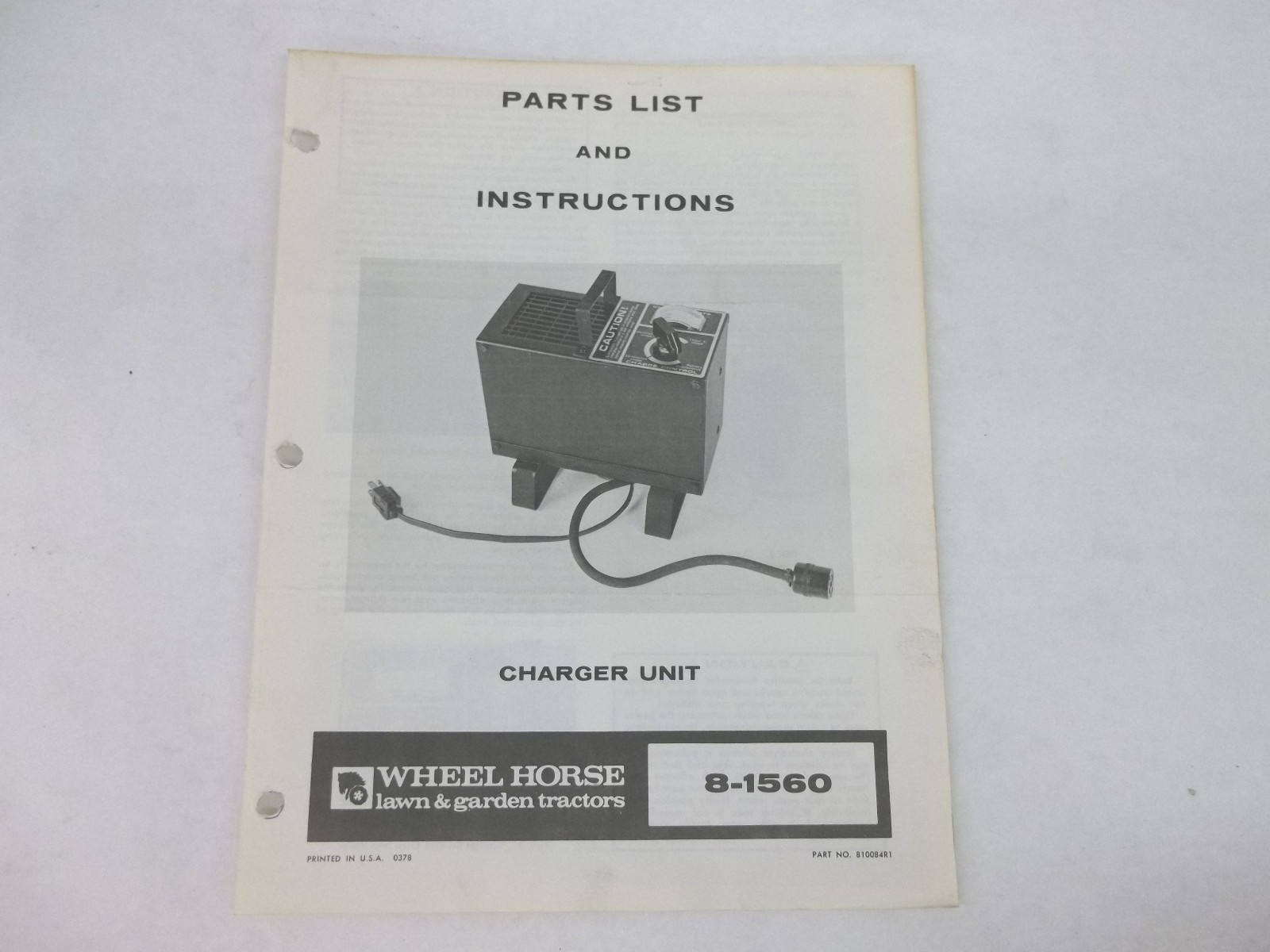 Wheel Horse 8-1560 Charger Unit Parts List and Instructions