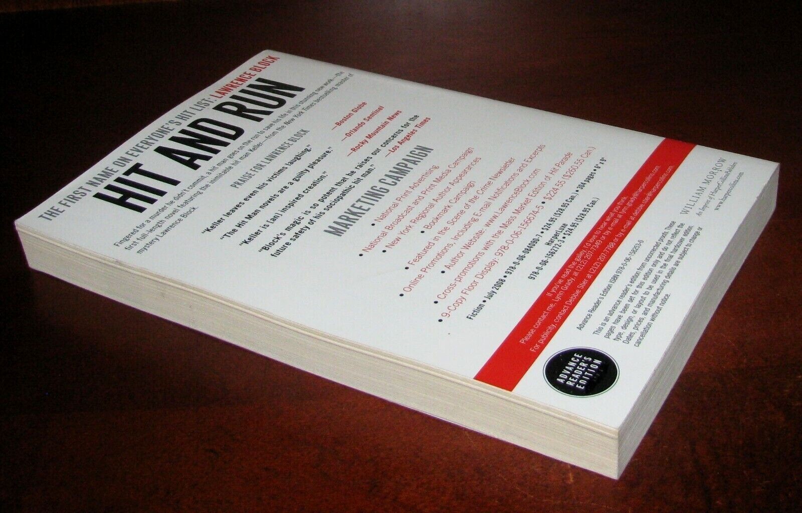 Hit and Run Lawrence Block ARC Advance Reader Copy Thriller William Morrow