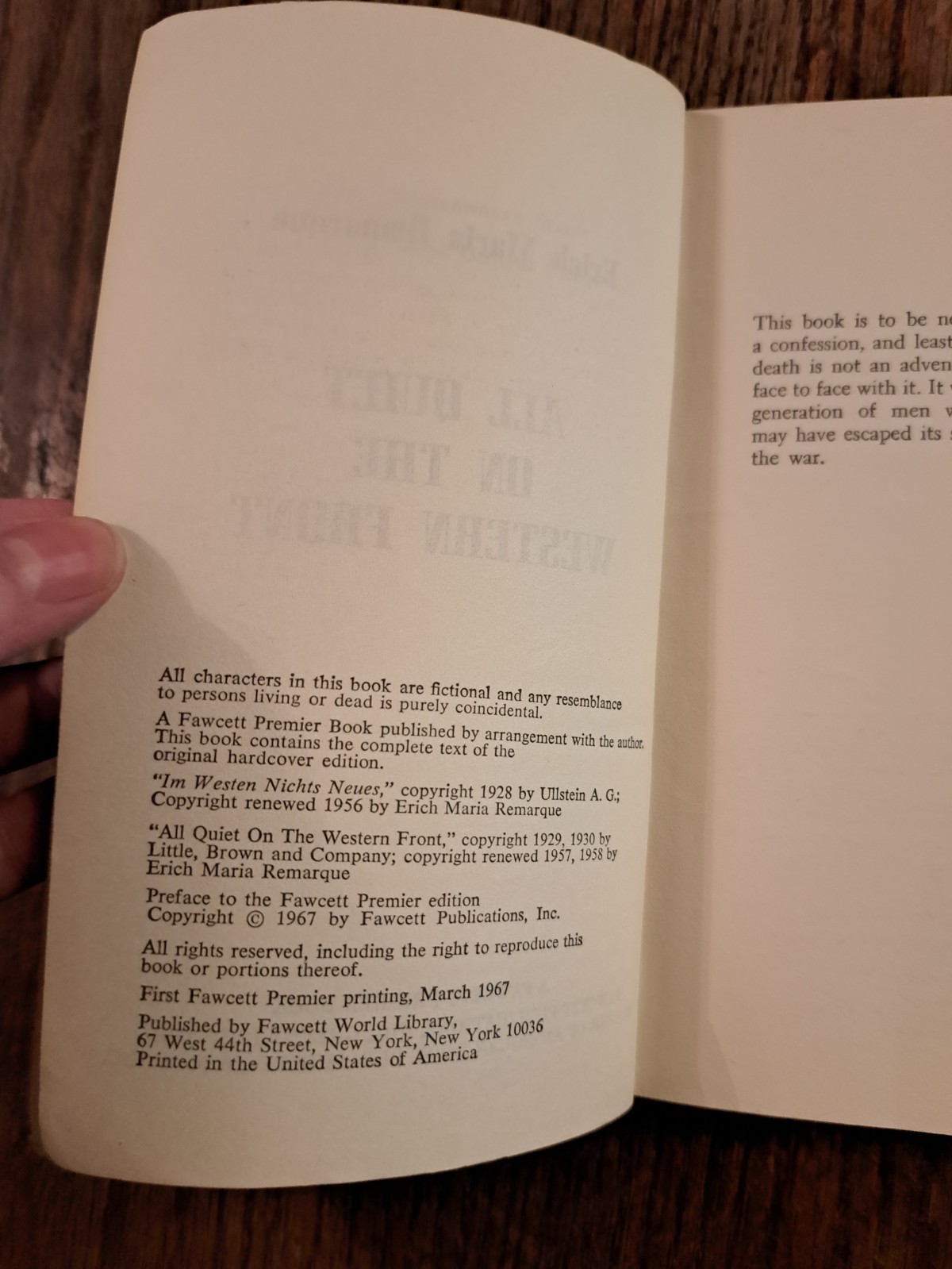 Vintage All Quiet on the Western Front Erich Maria Remarque 1967 Fawcett PB Book