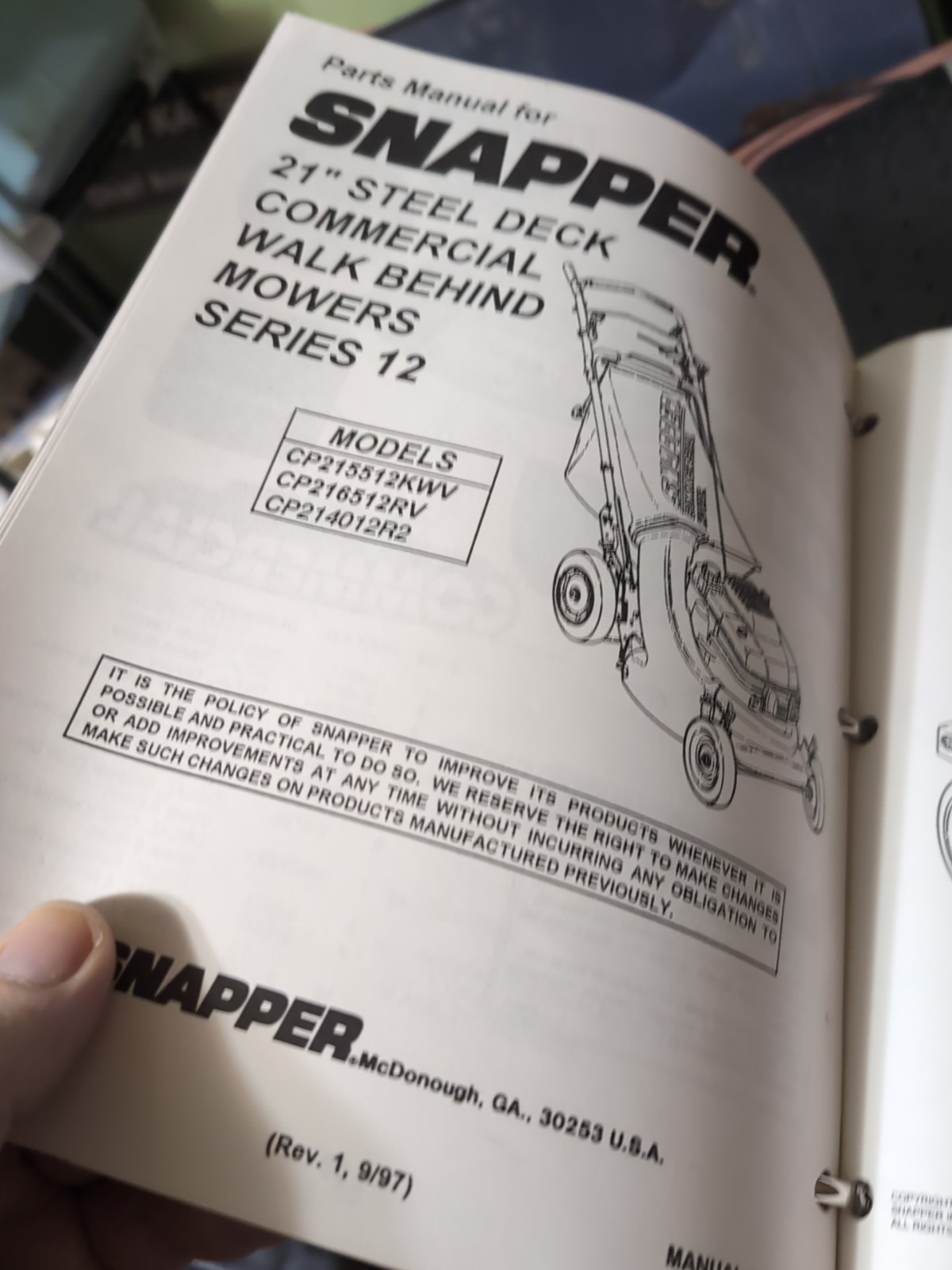 Snapper Lawnmower Parts List/Manual Binder: HC G ~1999