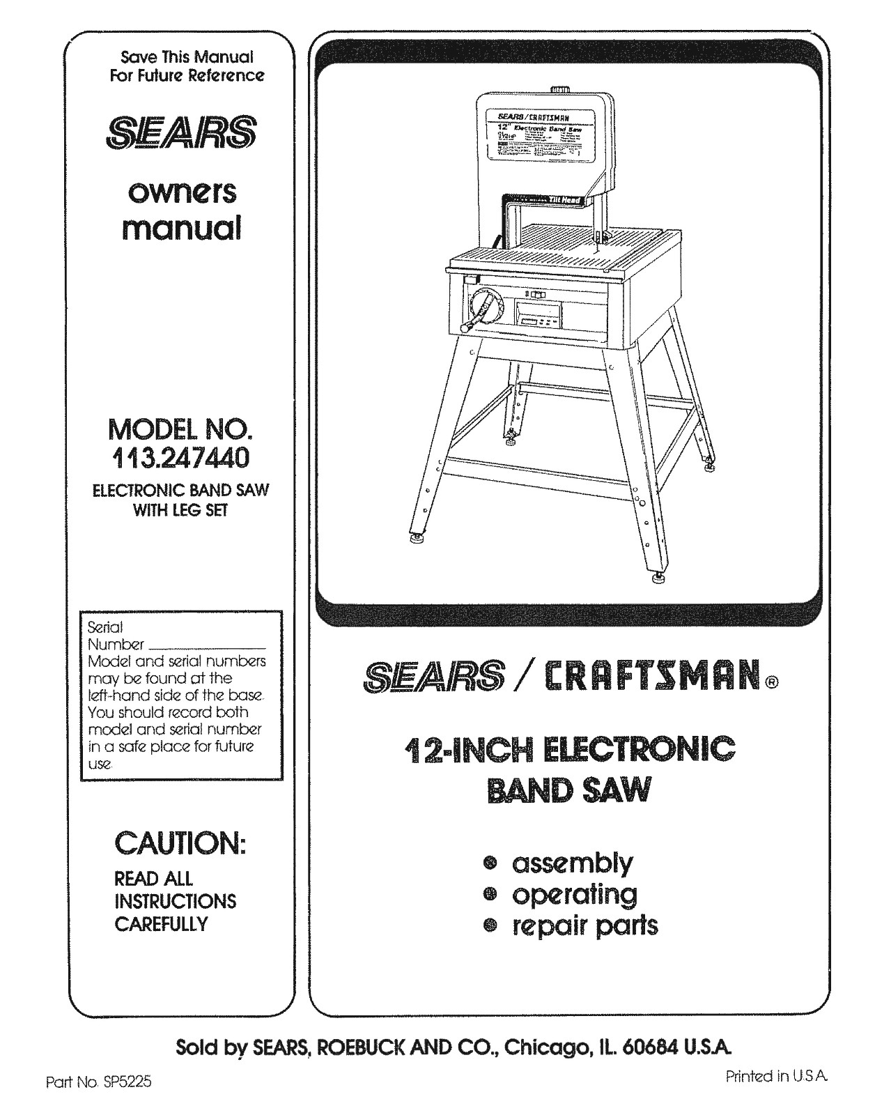 Sears Craftsman 113.247440 12″ Band Saw Instruction Manual & Parts List