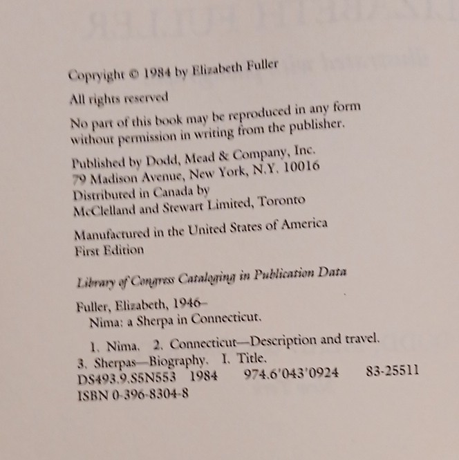 Dodd Mead Nima: A Sherpa in Connecticut Elizabeth Fuller HC 1984 1st Ed Inscrib…