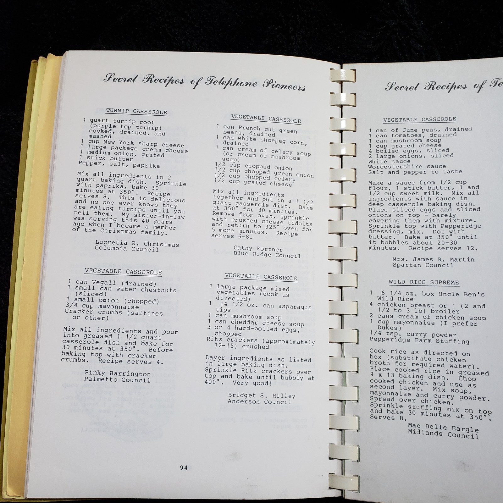 Secret Recipes of Telephone Pioneers Cookbook Chaper 1961 South Carolina 1982