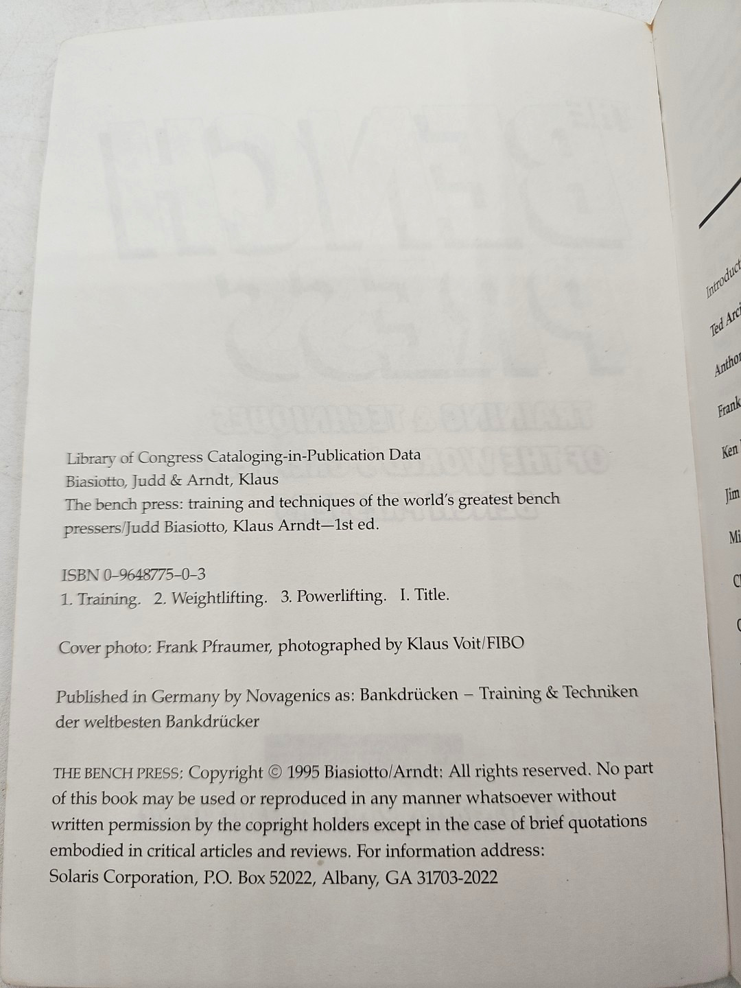 The Bench Press Training & Techniques Judd Biasiotto Klaus Arndt 1995 Paperback