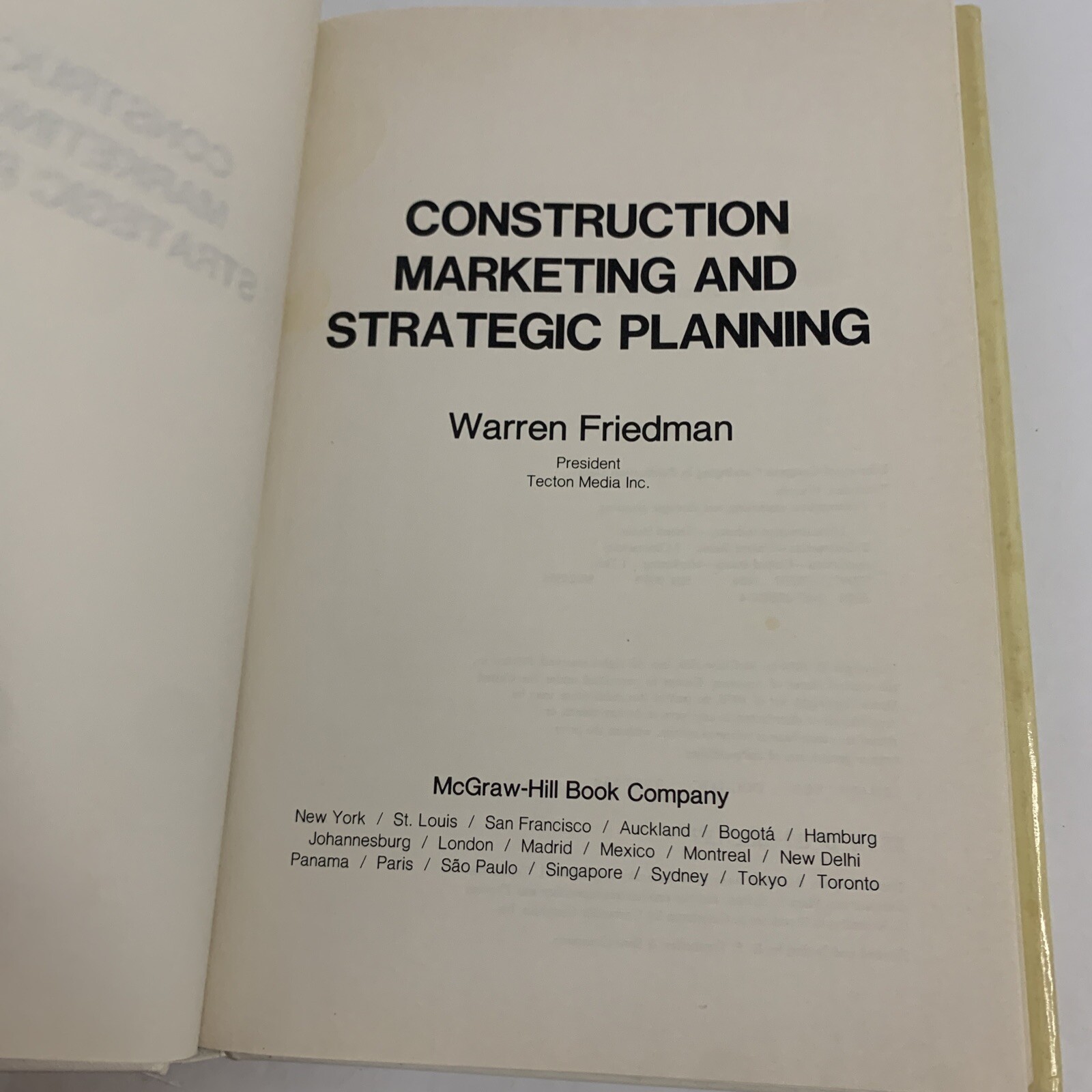 Construction Marketing and Strategic Planning By Wareen Friedman Hardcover 1984