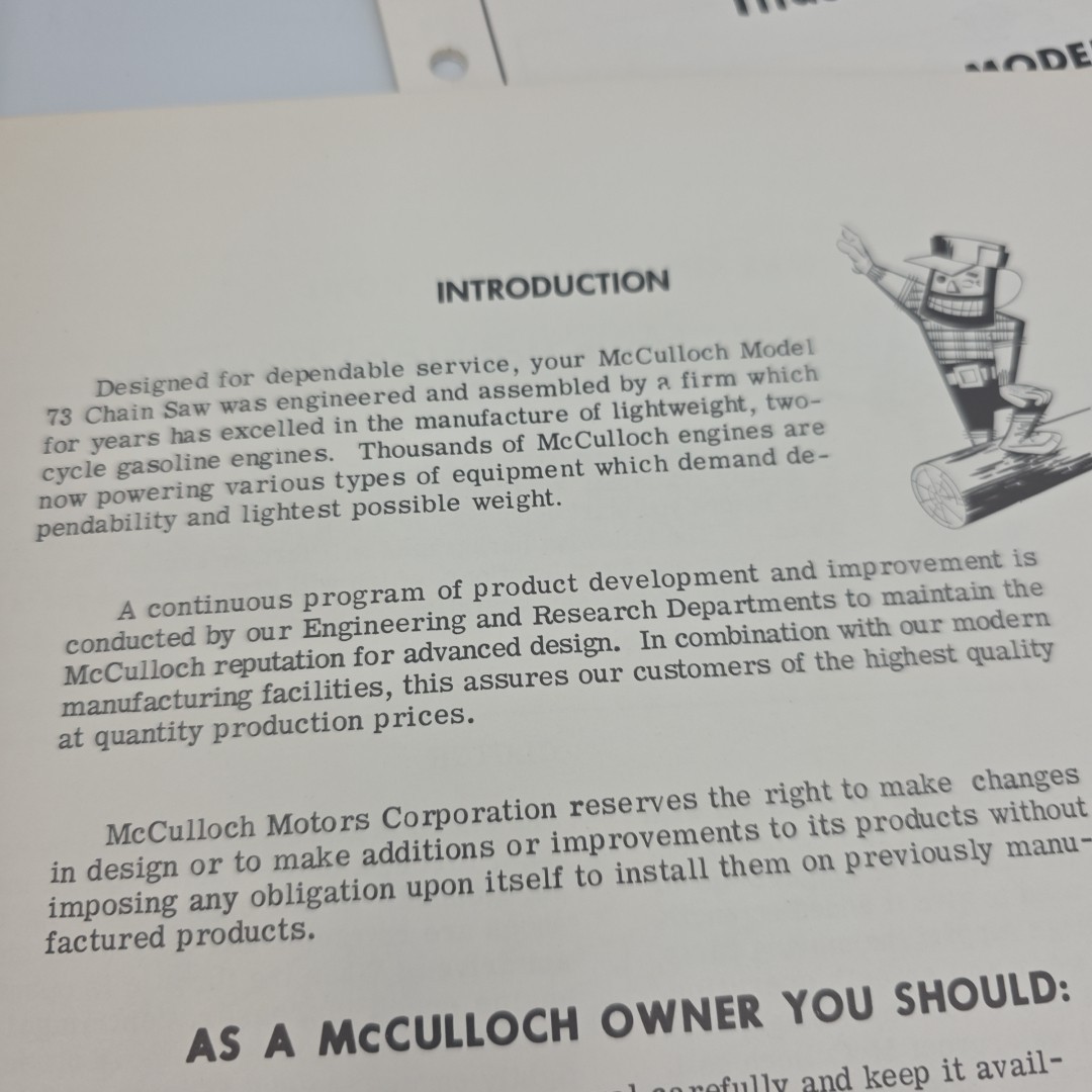 MCCULLOCH MODEL 73 CHAINSAW OPERATION AND MAINTENANCE MANUAL & PARTS LIST 1955